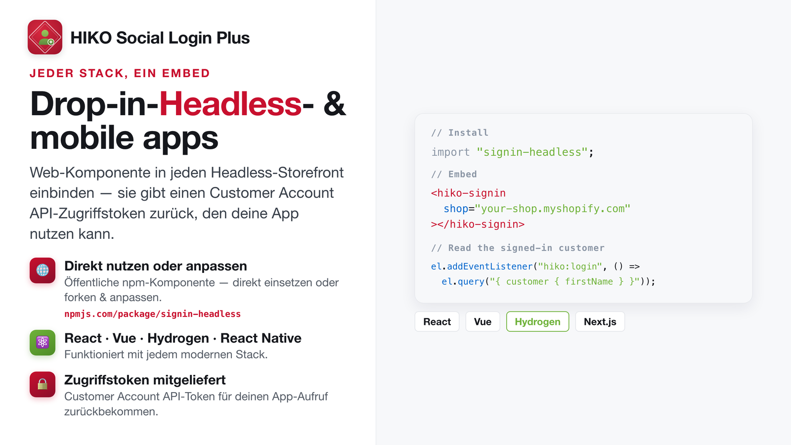 Headless Web Component für React, Vue und Hydrogen