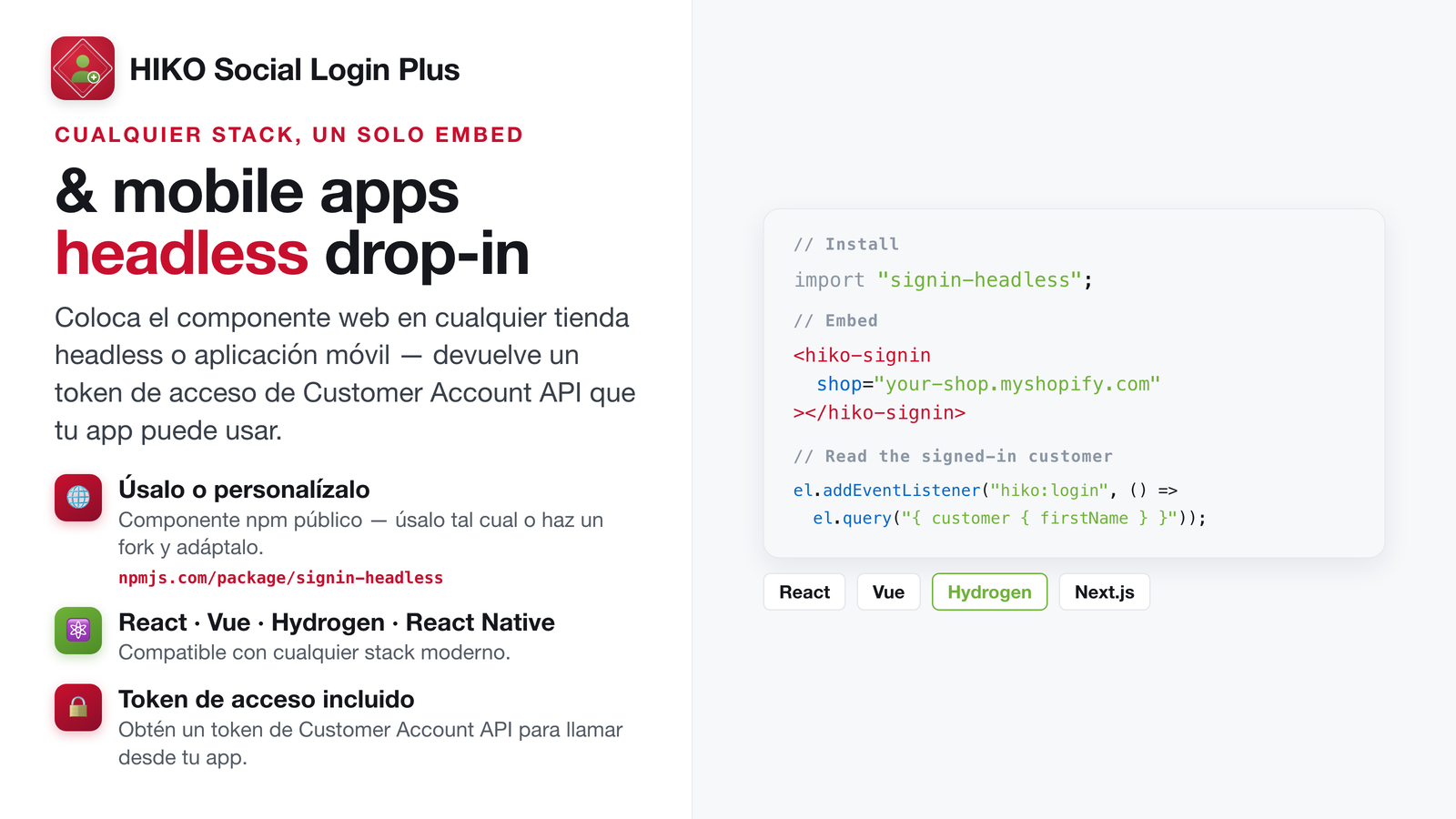 Componente web headless para React, Vue e Hydrogen