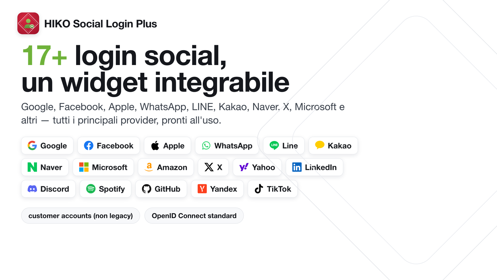 Finestra di accesso con oltre 17 provider di login social