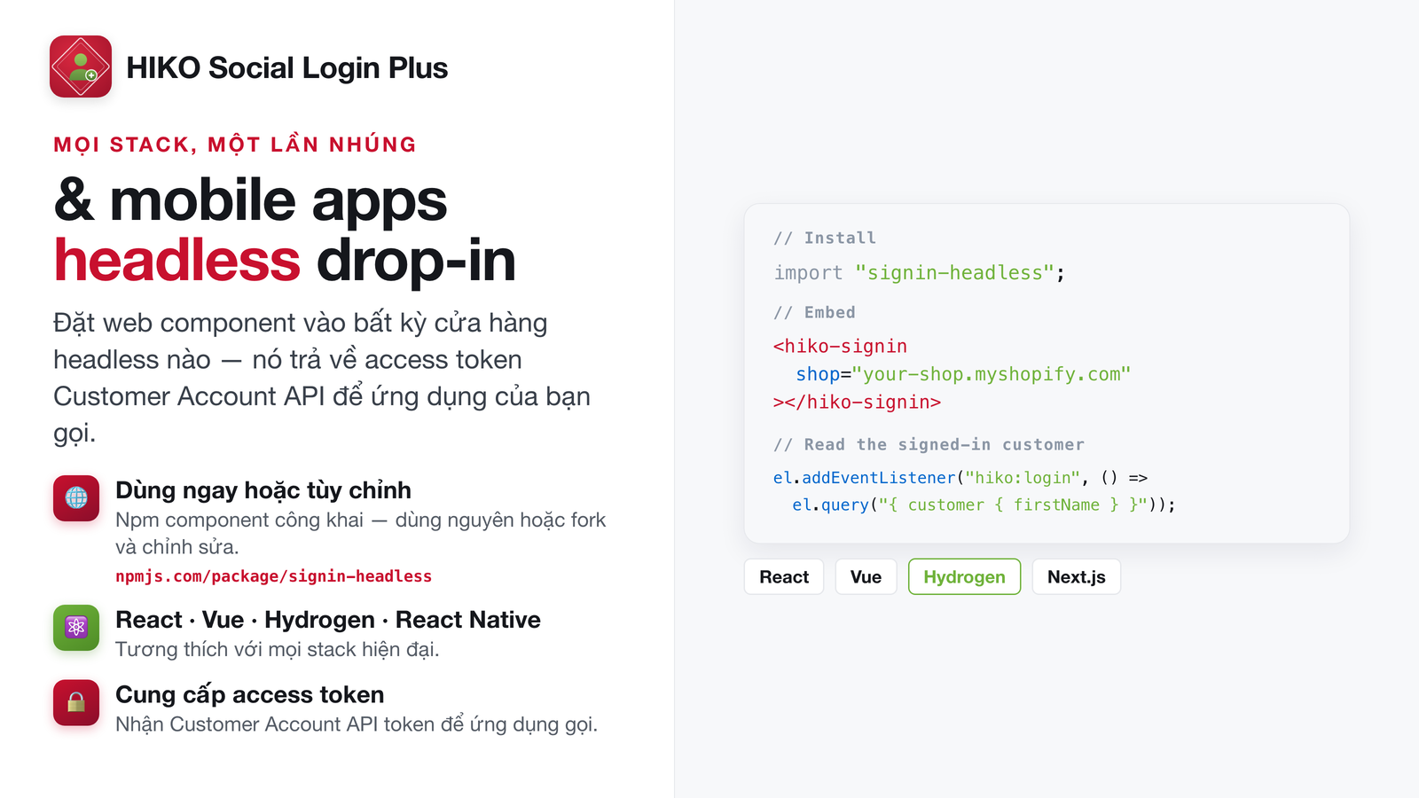 Web component headless cho React, Vue và Hydrogen