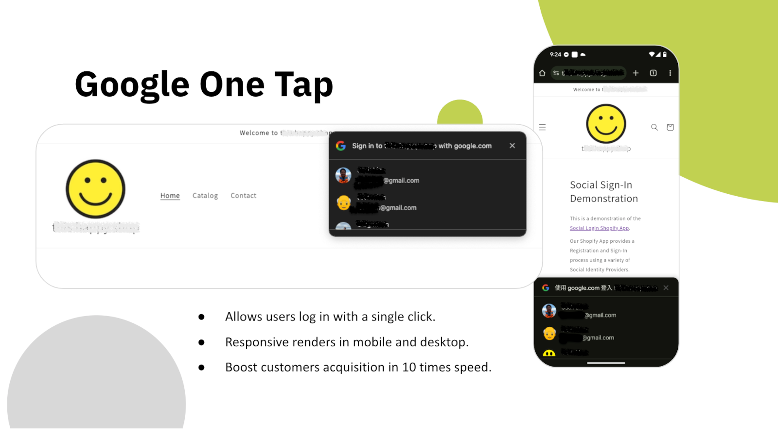 Подсказка Google One Tap в витрине — на мобильном и на компьютере