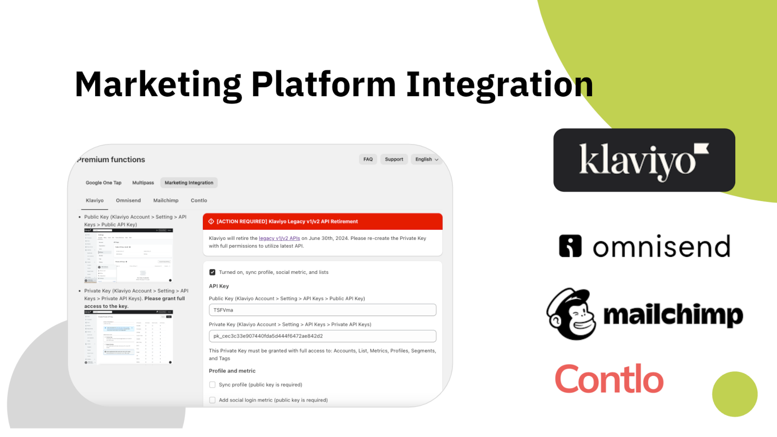 Настройки интеграции с Klaviyo, Omnisend, Mailchimp и Contlo